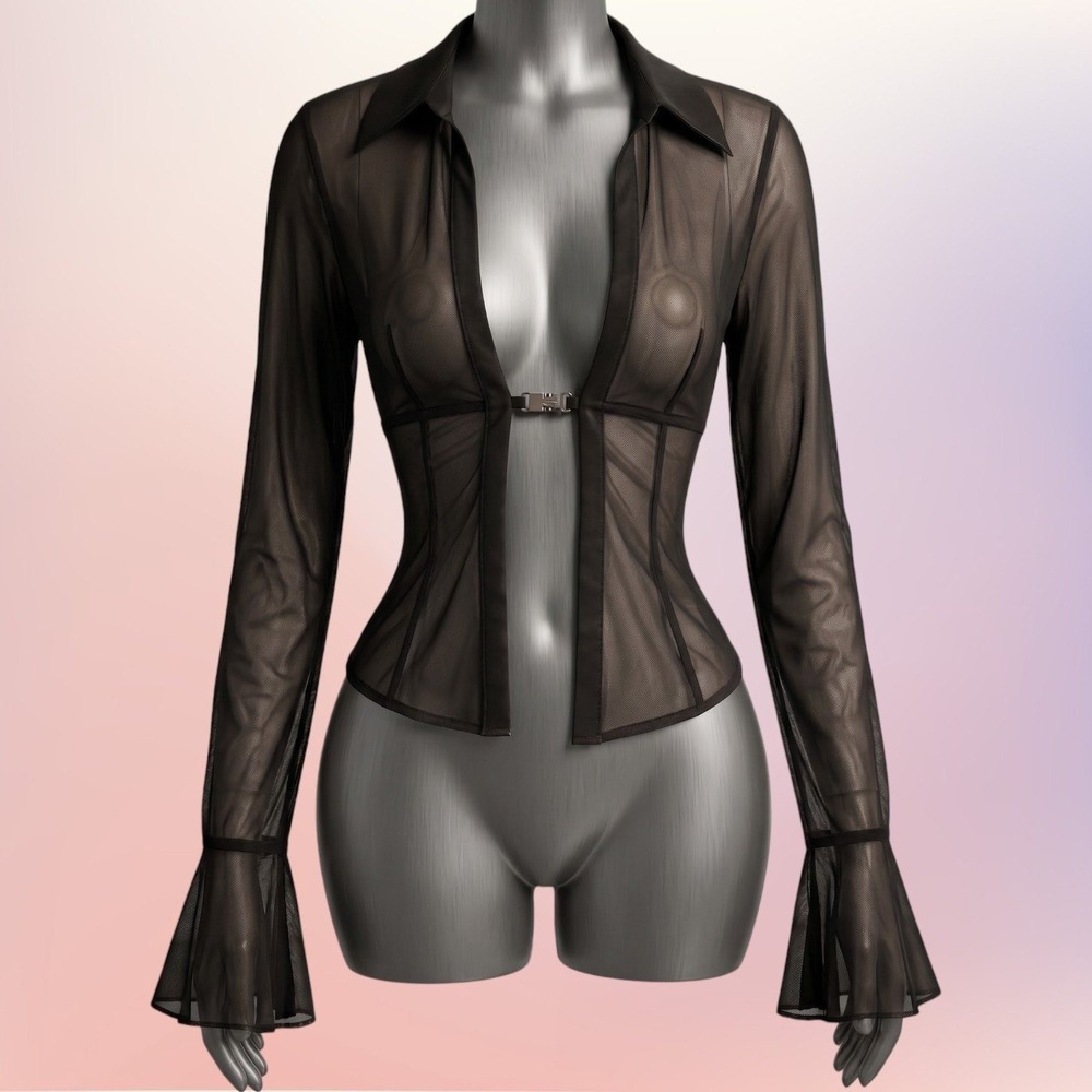New Small Black Sheer Mesh Long Sleeve Open Front Blouse Retro Y2k Sexy Summer